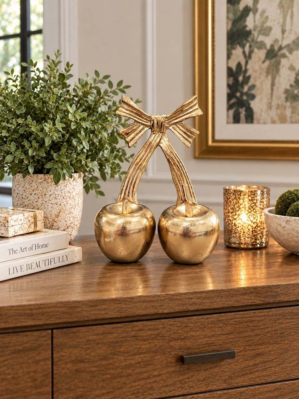 New Large Gold Metal Hollywood Regency Bow Cherry Figure Room Decor